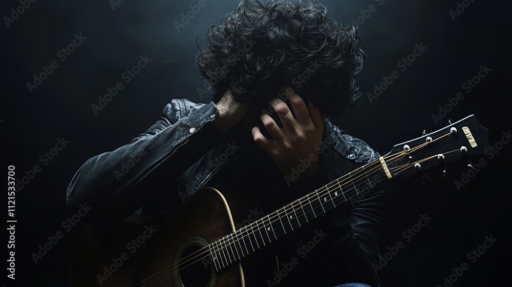 Obraz premium Young male musician deep in thought holding guitar in dark room