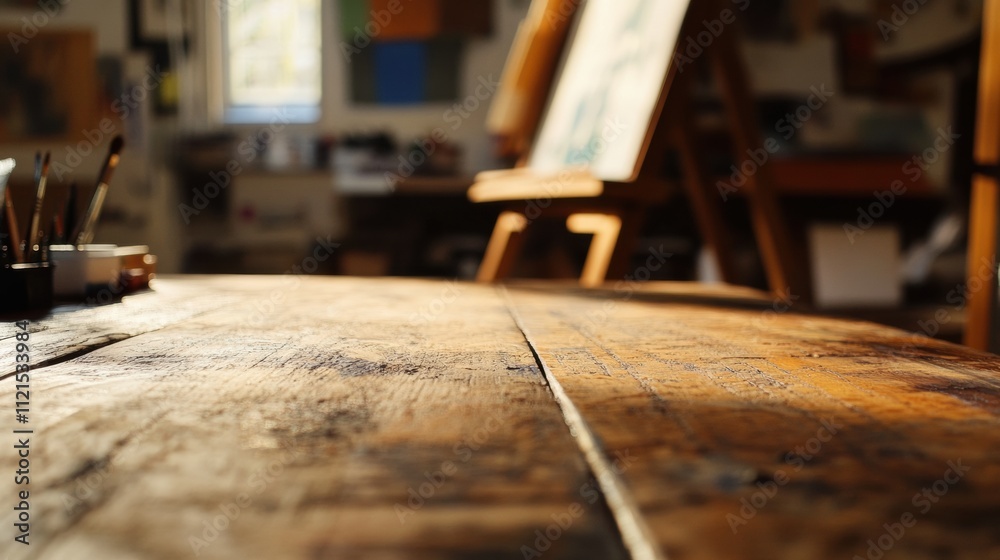 Art studio workspace with wooden table and easel. Creative environment for artists. Art studio workspace with wooden table and easel. Creative environment for artists.