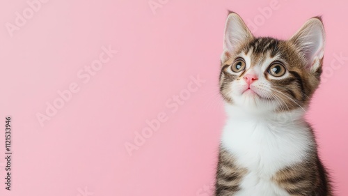 A curious kitten with big eyes sits against a soft pink background, exuding cuteness and charm.