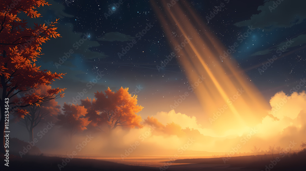 Fototapeta premium Digital artwork depicting a landscape at twilight. Orange-hued trees stand in a misty field as a bright, golden light beam descends from a night sky scattered with stars.