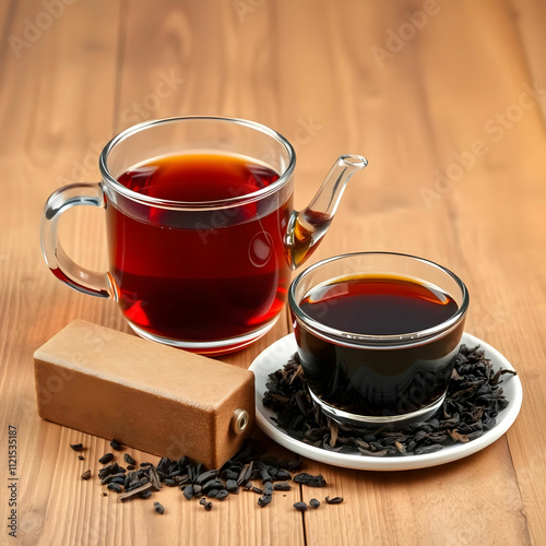 Black tea in teapot and cup with dry tea brick side view on a wooden surface photo