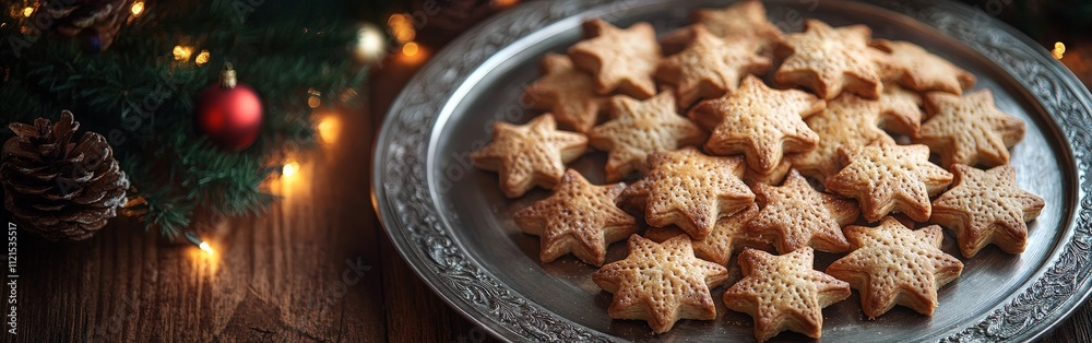 Traditional Mince Pies with Star Toppings on Decorative Platter Traditional Mince Pies with Star Toppings on Decorative Platter