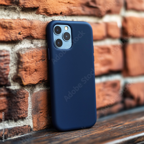 Mockup plain navy silicone phone case standing on wood, red brick wall background, Ai generated images photo