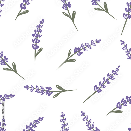 Hand drawn design seamless pattern with lavender sprigs on a white background ideal for textile applications or wrapping paper vector illustration