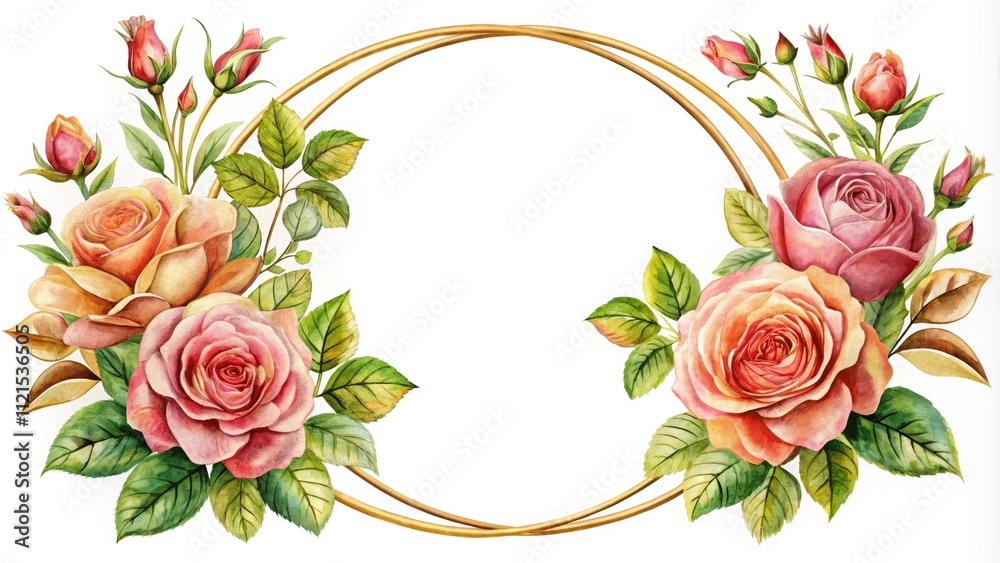 custom made wallpaper toronto digitalBotanical Rose Circle Frame: Watercolor Floral Greeting Card Design with Golden Geometric Border
