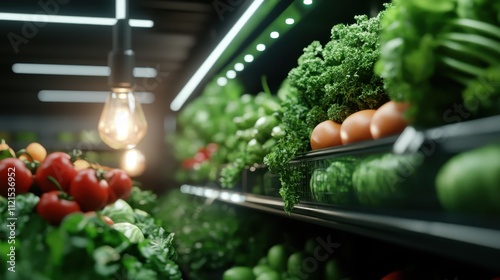 A vibrant assortment of fresh vegetables, like tomatoes, lettuce, and herbs, is beautifully arranged on market shelves under bright, warm lighting. photo