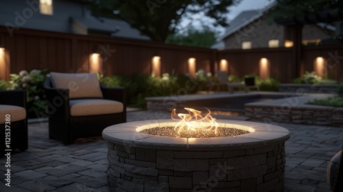Serene Backyard Oasis: Evening Fire Pit Scene