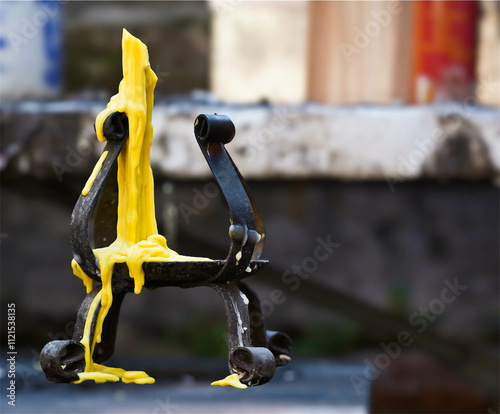 Candle with yellow malted wax on candlestick. 