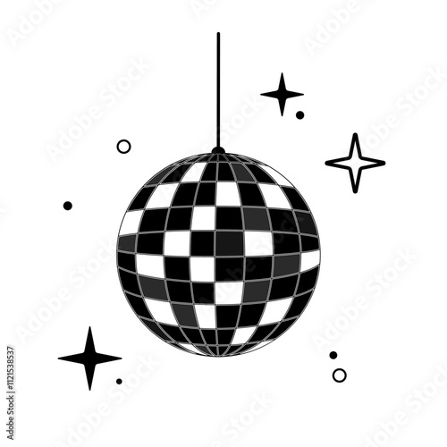 Disco ball shining stars symbol. Mirror disco ball with glitters icon. Shining nightclub sphere. Vector illustration Isolated on a white background. Dance music party disco ball. 