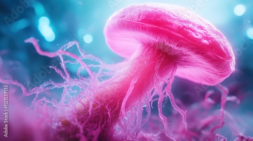 This artful depiction shows a fuzzy pink mushroom with tendrils sprouting in an illuminated, magical atmosphere, enhancing the mystique and allure of the scene. photo