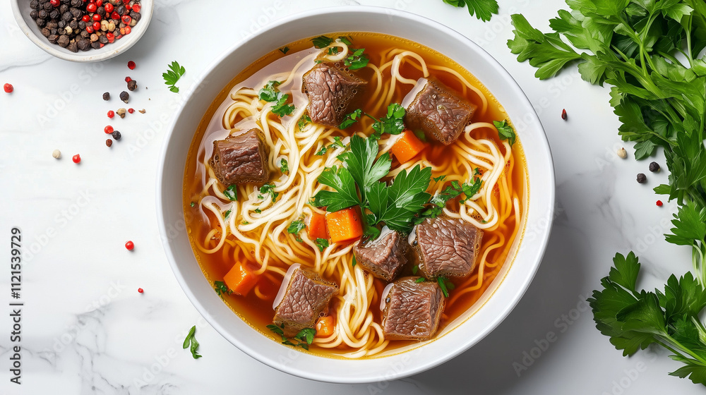 Rindsuppe with Beef, Noodles, and Vegetables on White Background Rindsuppe with Beef, Noodles, and Vegetables on White Background