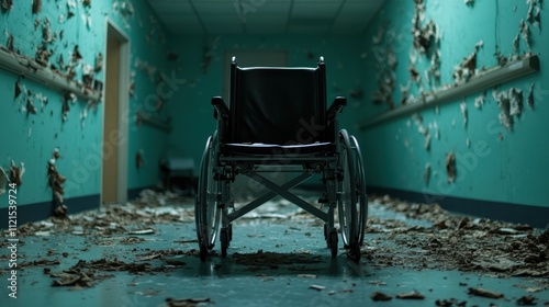 A dark and deserted hospital hallway features peeling wall paint, conveying themes of decay, abandonment, and the passage of time in stark clinical environments. photo