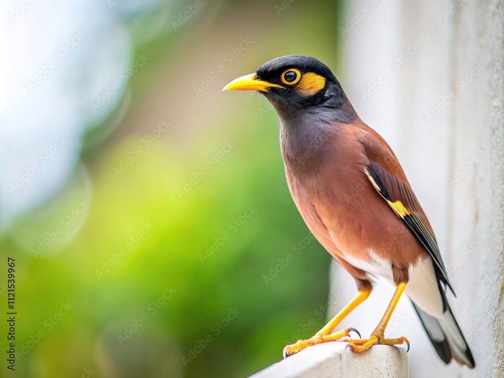 Common Myna Bird on White Wall - High-Resolution Photo, Wildlife Photography, Asian Bird, Indian Myna, Perched Bird, White Background, Copy Space, Nature Image Common Myna Bird on White Wall - High-Resolution Photo, Wildlife Photography, Asian Bird, Indian Myna, Perched Bird, White Background, Copy Space, Nature Image