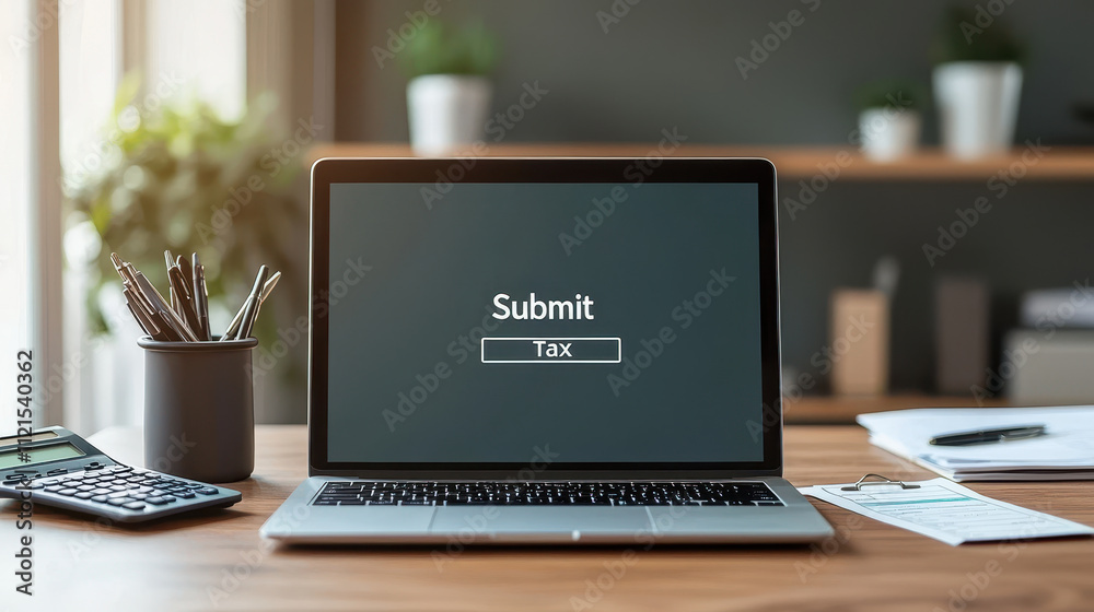 Submit Tax button displayed on laptop screen in modern office setting