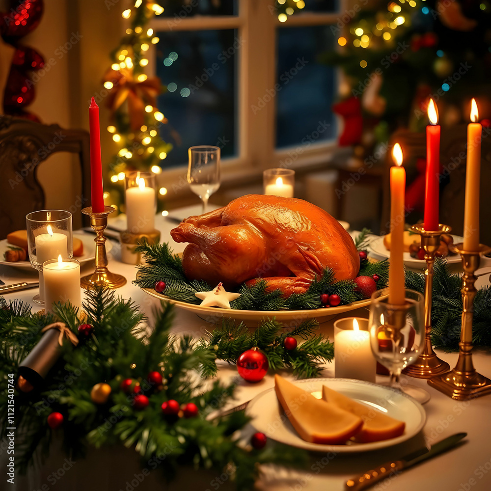 Christmas table served with a turkey decorated with bright tinsel and candles Christmas table served with a turkey decorated with bright tinsel and candles