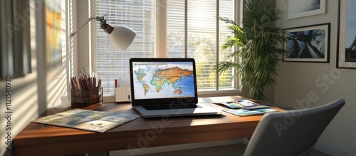Wallpaper Mural Laptop displaying world map on desk near window in home office. Torontodigital.ca