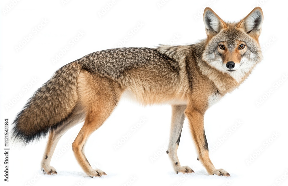 In the Canadian winter, a lone Canis latrans, isolated on a white background, walks and hunts through the snow In the Canadian winter, a lone Canis latrans, isolated on a white background, walks and hunts through the snow