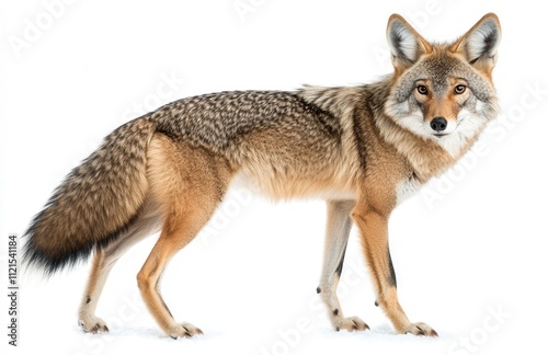 In the Canadian winter, a lone Canis latrans, isolated on a white background, walks and hunts through the snow