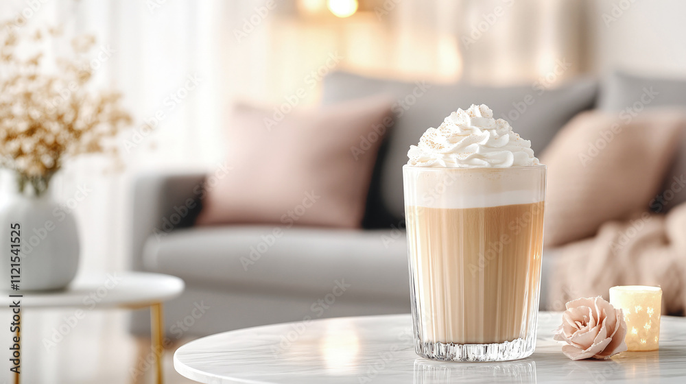 A glass of ice creamy latte topped with whipped cream, sitting on a sleek marble table, warm ambient lighting, minimalist pastel decor. A glass of ice creamy latte topped with whipped cream, sitting on a sleek marble table, warm ambient lighting, minimalist pastel decor.