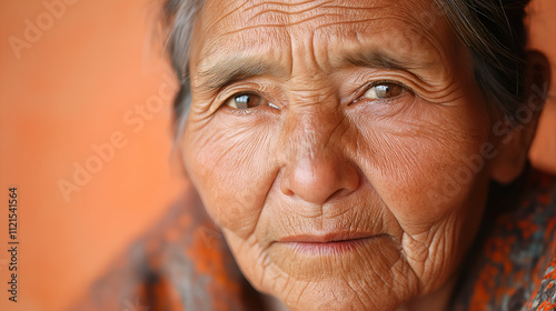 Elderly woman with a peaceful expression on a soft peach backdrop, gray hair