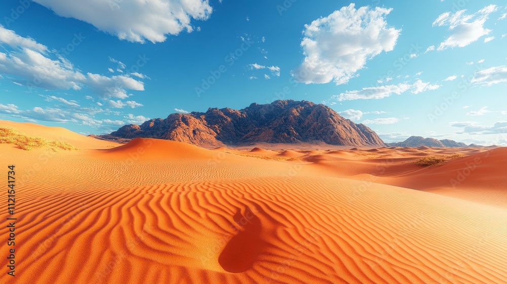 Fototapeta premium Awe-Inspiring Desert Landscape with Dramatic Mountains and Azure Sky. Breathtaking Scenery of Dunes and Peaks. A Stunning View of the Desert. A Majestic Desert Panorama.