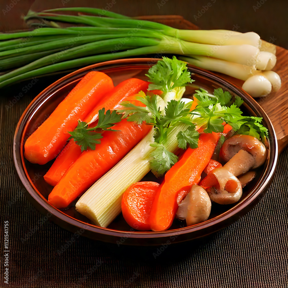Vegetarian cuisine, boiled carrots, celery and mushroom Vegetarian cuisine, boiled carrots, celery and mushroom