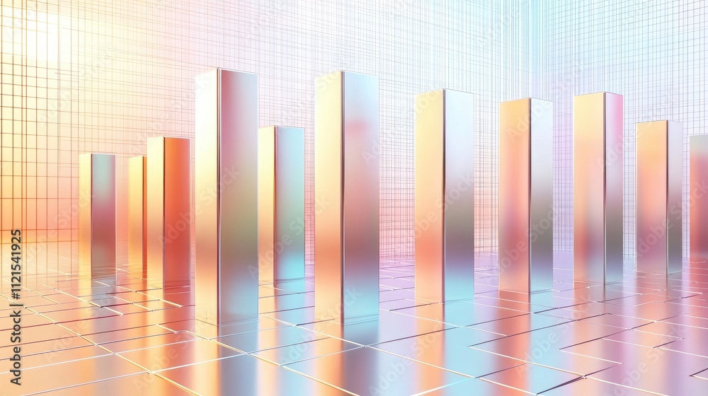 Fototapeta premium A 3D bar graph with smooth, reflective bars in gradient shades, each bar representing data, with a modern digital grid in the background