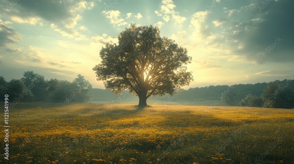 Fototapeta premium Serene Sunrise in a Wildflower Meadow: A Picturesque Country Morning