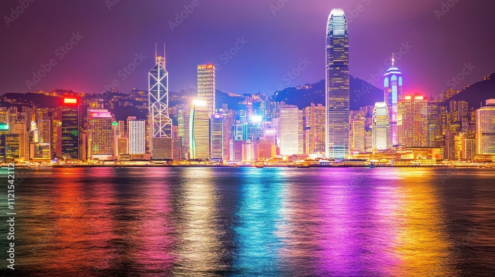 Fototapeta premium Vibrant Hong Kong Skyline at Night