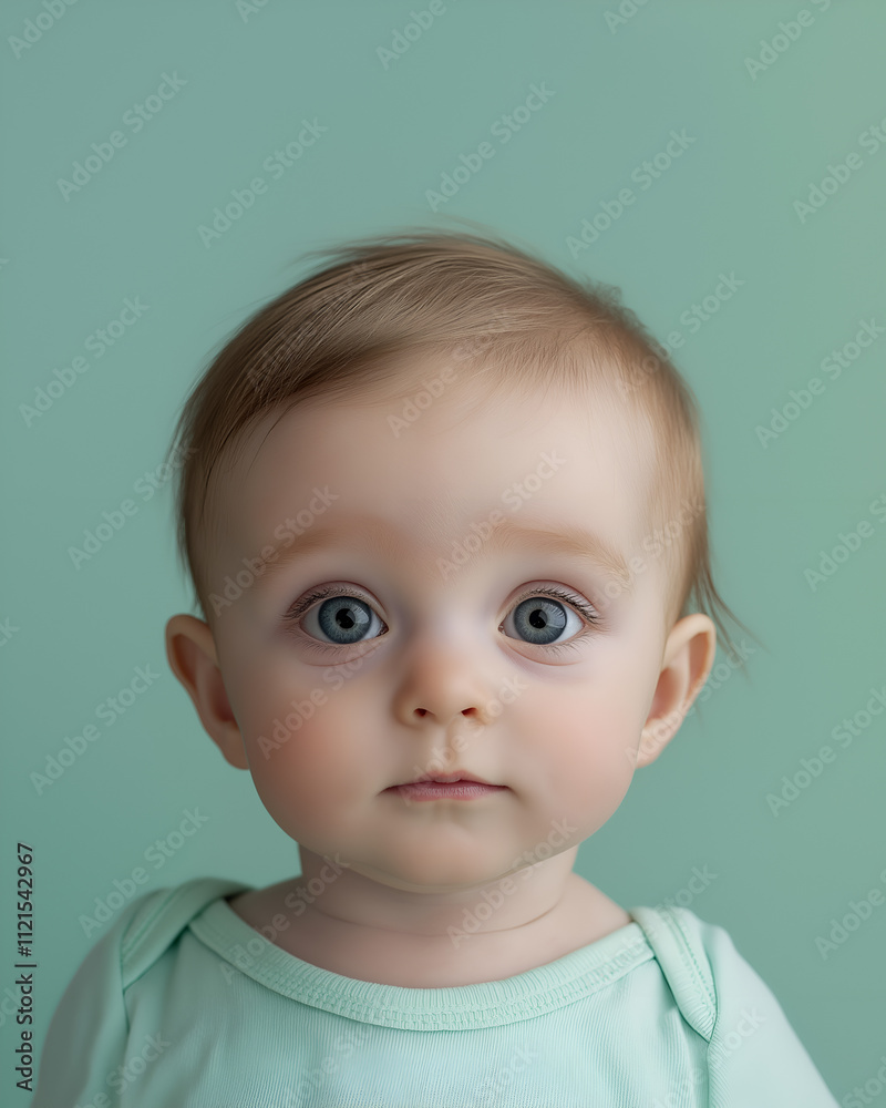 Close up of a baby with a curious gaze on a mint green background Close up of a baby with a curious gaze on a mint green background