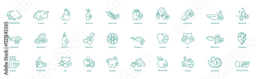 Ultimate Nutrition Icon Set - Carbohydrates, Proteins, Fats, A, B1, B2, B3, B5, B6, B7, B9, B12, C, D, E, K, Calcium, Iron, Magnesium, Potassium, Sodium, Phosphorus, Zinc, Iodine, Fluoride, Omega-3 
