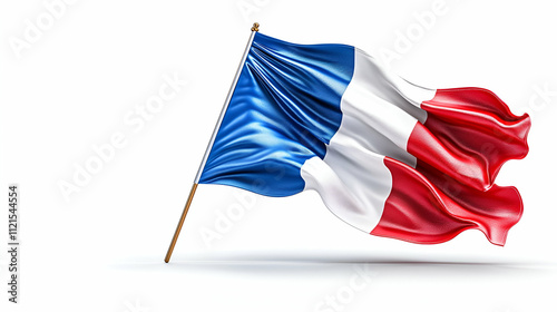 A vibrant depiction of the French flag waving, showcasing its iconic blue, white, and red colors against a white background. photo