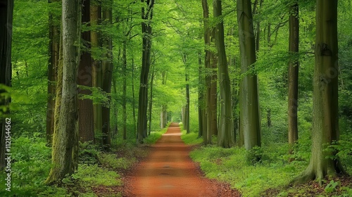 Travel themed image showing a wide path leads through the tall trees of the forest, with green leaves and foliage on both sides