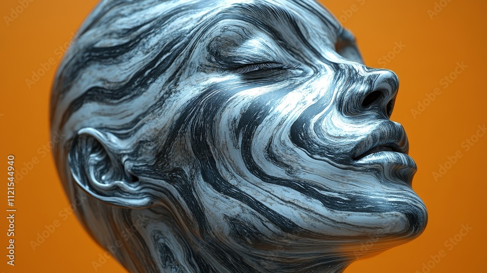A woman's face is shown in a silver and black pattern A woman's face is shown in a silver and black pattern