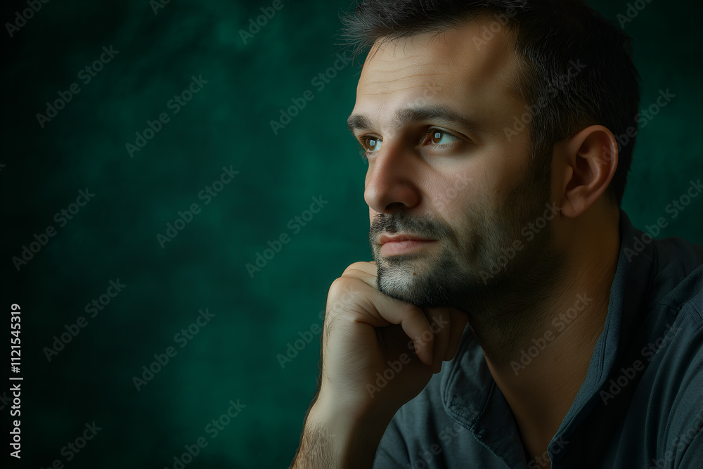 Portrait of a man deep in thought, looking serious on a dark green background, close up Portrait of a man deep in thought, looking serious on a dark green background, close up