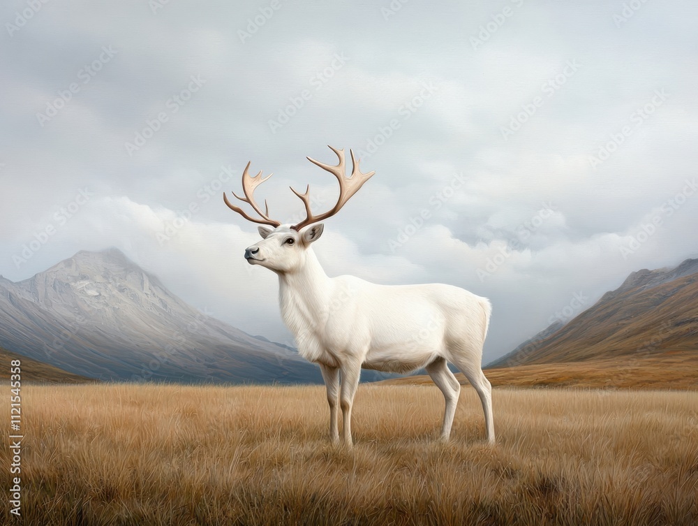 Majestic White Deer Standing in a Serene Mountainous Landscape Majestic White Deer Standing in a Serene Mountainous Landscape