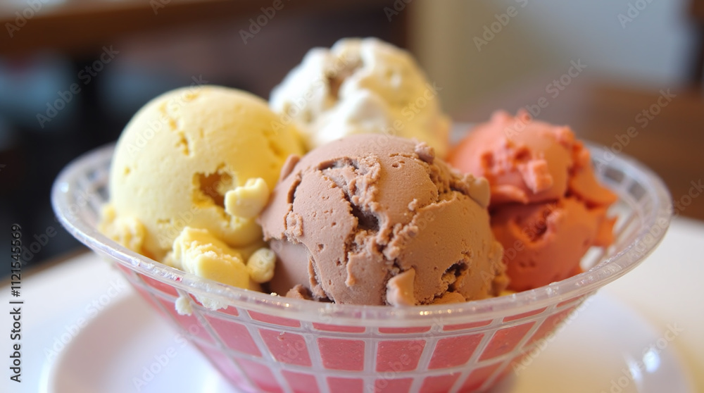 Four Scoops of Different Flavor Ice-cream Sundae Summer Dessert Close-up Four Scoops of Different Flavor Ice-cream Sundae Summer Dessert Close-up