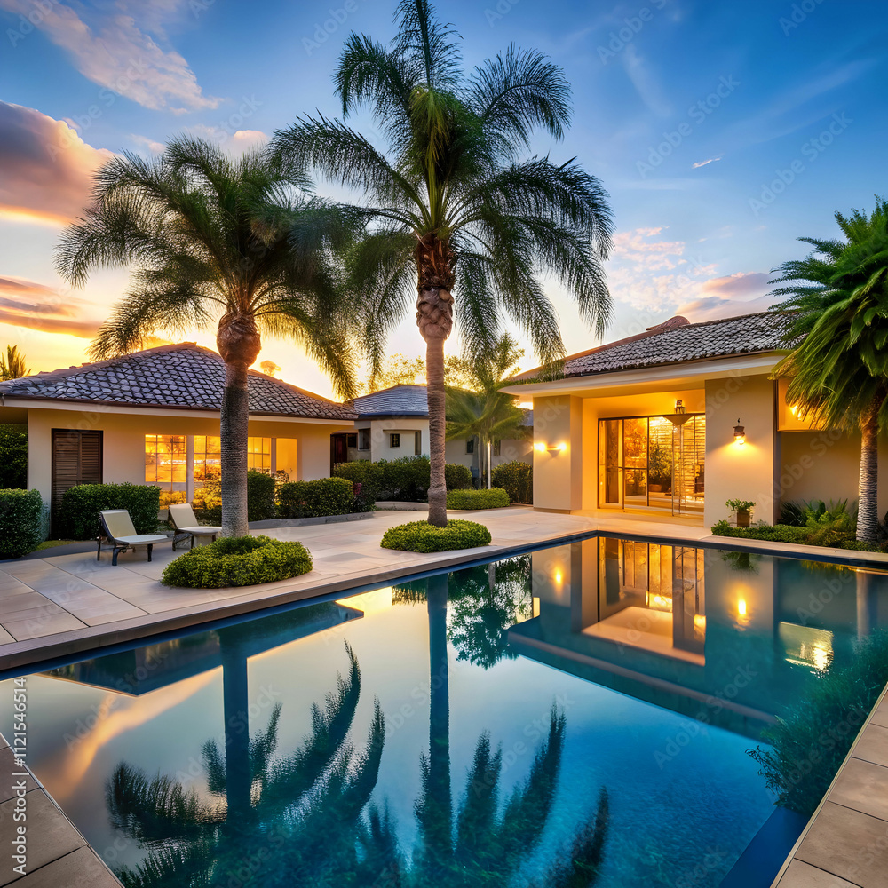 a house with a pool and a palm tree in the foregro a house with a pool and a palm tree in the foregro