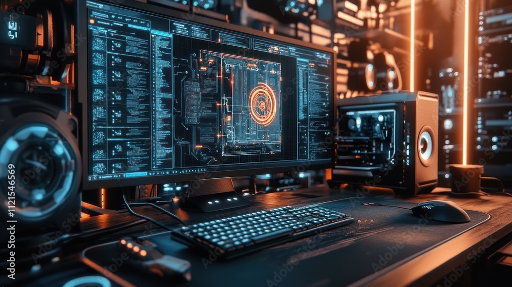 Cyberpunk Gamer Setup: Neon Lights and High-Tech Gaming PC Cyberpunk Gamer Setup: Neon Lights and High-Tech Gaming PC