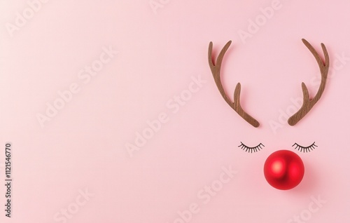 A festive reindeer concept with evergreen fir, red baubles, and antlers set against a pastel pink backdrop. A simple winter holiday idea presented in a flat lay top-down view photo