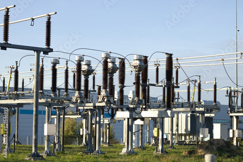 High voltage power line, Power lines sunset. Electricity storage, power plant.