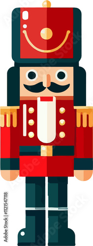 A red and black nutcracker with a hat and mustache. The nutcracker is standing on a transparent background