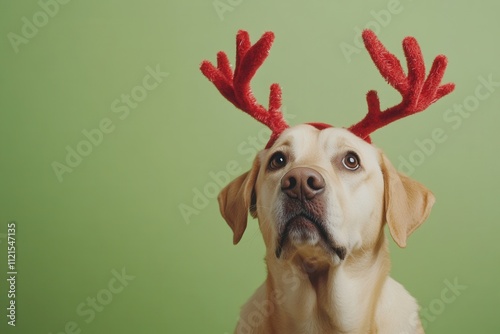 A holiday-themed photo featuring a dog with reindeer antlers on a solid green background for New Year and Christmas photo