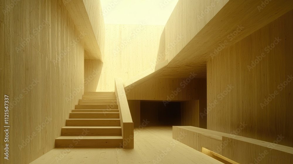 A clean and simple wooden staircase in a minimalist home, with open risers, a light wood finish, and subtle lighting creating a peaceful ambiance