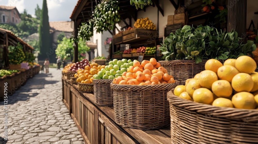 Farmers markets seasonal fruits rustic charm. Vibrant fruit market with baskets of fresh produce in a sunny setting. Farmers markets seasonal fruits rustic charm. Vibrant fruit market with baskets of fresh produce in a sunny setting.