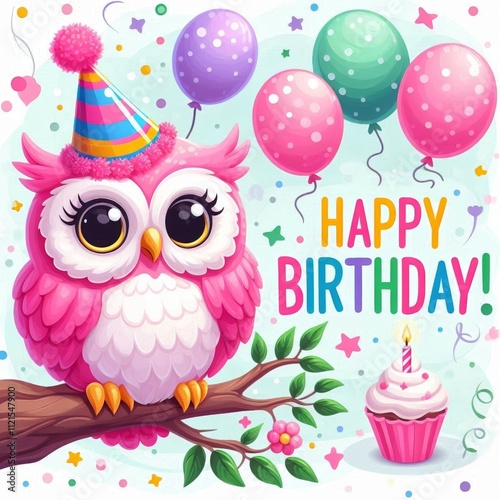 Happy Birthday greeting card. Illustration of kids funny pink owl in festive hat. Children's birthday party. For poster, cover, label
