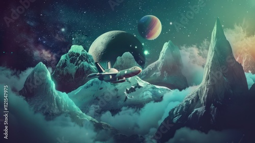 Celestial Flight: A spaceship soaring above ethereal mountains and planets under a starry sky.