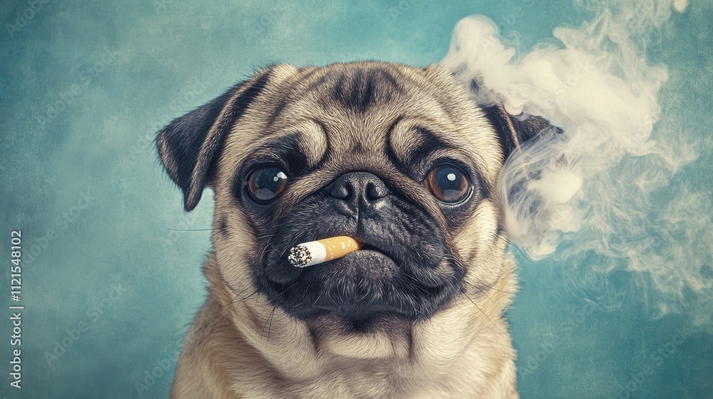 A humorous portrait of a pug smoking a cigarette, its relaxed demeanor and expressive eyes capturing a carefree essence A humorous portrait of a pug smoking a cigarette, its relaxed demeanor and expressive eyes capturing a carefree essence