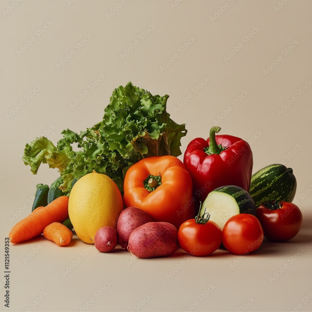 Assorted fresh vegetables and fruits on a neutral background Assorted fresh vegetables and fruits on a neutral background