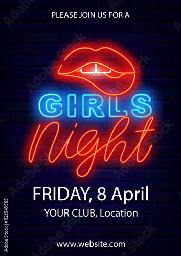 Ladies only neon label. Girls night poster. Vertical template. Free enter for female. Vector stock illustration